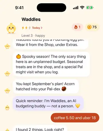 Penny’s chat screen: the message “coffee 5.50 and uber 18” turns into two cards, Coffee $5.50 and Uber $18.00, with a Save all button