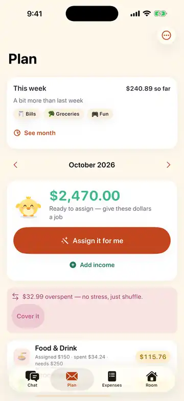 Penny’s Plan screen showing envelopes with money assigned to each one