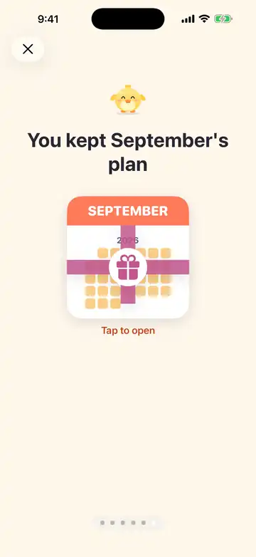 A monthly review card celebrating the Month Pal earned for keeping the plan